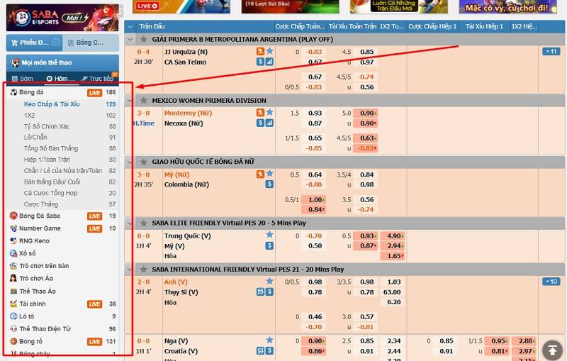 Nhiều tựa game thể thao kèm với đa dạng tỷ lệ cược tại Saba