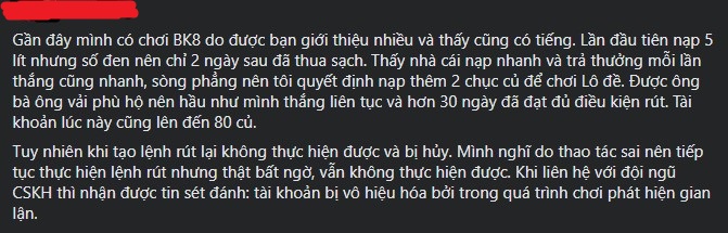 Phốt BK8 khóa acc người chơi trúng lớn