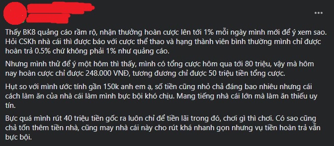 Chia sẻ của một người chơi bốc phốt BK8 lừa đảo