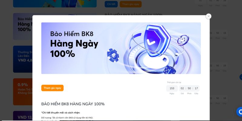 Khuyến mãi Bảo hiểm BK8 hàng ngày 100% 