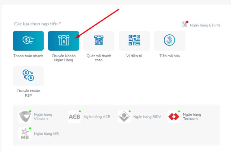 Nhấn chọn gửi tiền qua ngân hàng