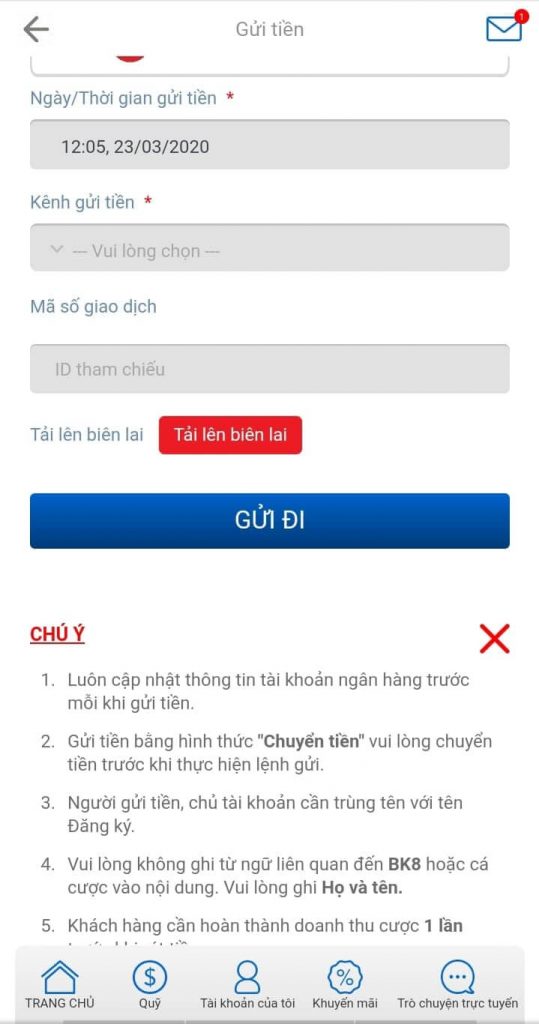 Giao diện gửi tiền vào tài khoản BK8