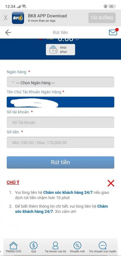 Trang chủ hiển thị thông tin rút tiền của người chơi